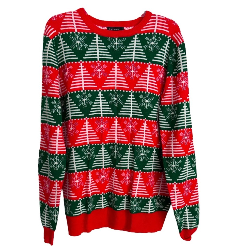 Raisevern Size L Christmas Tree Snowflake Nordic Style Holiday Sweater Acrylic